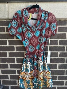 Green Dragon Brown and Teal Cowl-Neck Mini Dress with Tie Waist - Size Small